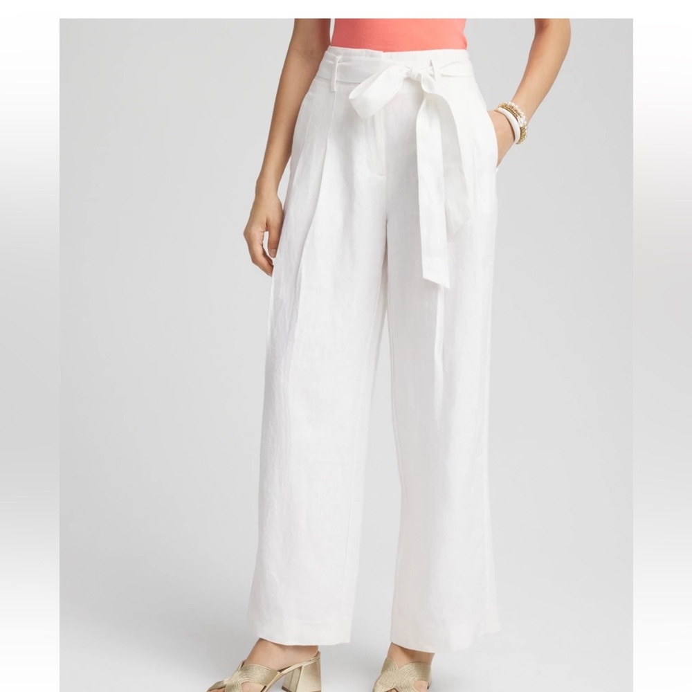 White Pleated Linen Wide-Leg Pants with Tie Waist